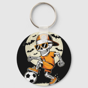 Funny Cartoon Skeleton Halloween Soccer Player Boy Key Ring