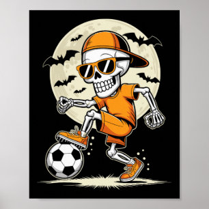 Funny Cartoon Skeleton Halloween Soccer Player Boy Poster