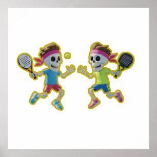 Funny Cartoon Skeletons Playing Padel Tennis – 3D Poster