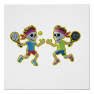 Funny Cartoon Skeletons Playing Padel Tennis – 3D Poster