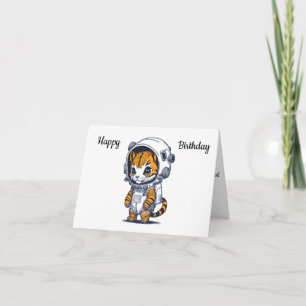 Funny Cartoon Space Cat Happy Birthday Card