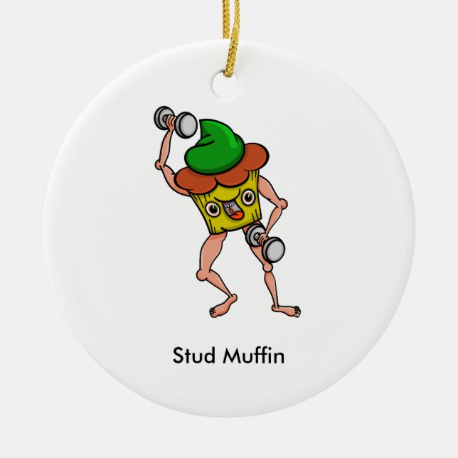 Funny Cartoon Stud Muffin Workout Ceramic Tree Decoration (Front)