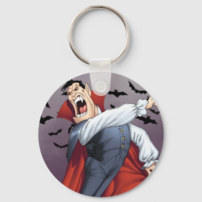 Funny Cartoon Vampire with Bats by Al Rio Key Ring (Front)