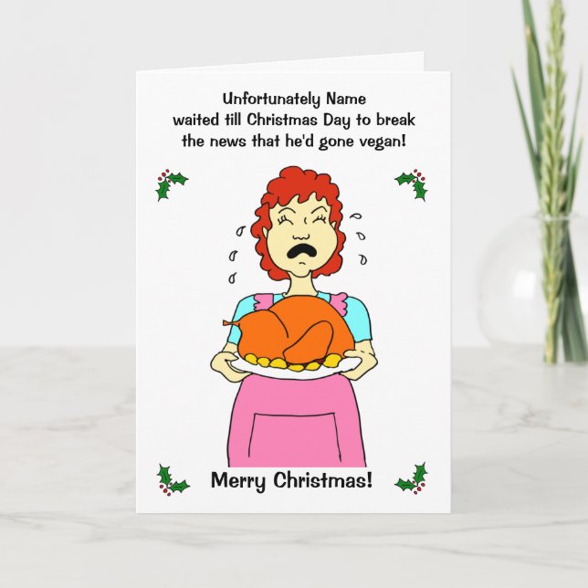 Funny Cartoon Vegan Turkey Mom Christmas Holiday Card (Front)