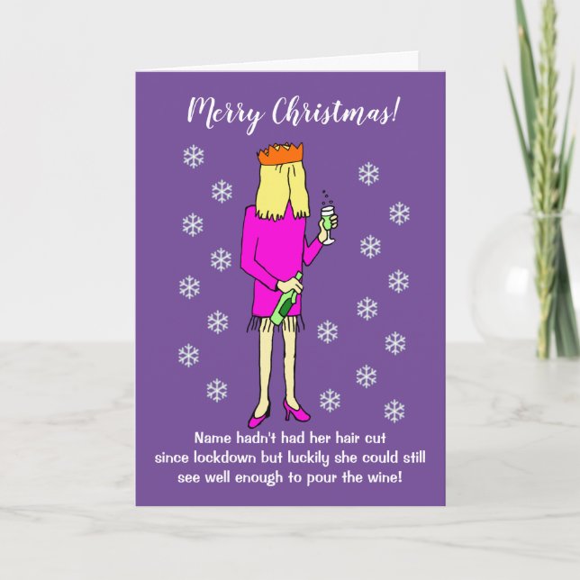 Funny Cartoon Woman Drinking Wine Christmas Holiday Card (Front)