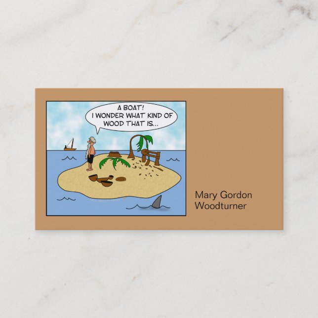Funny Cartoon Woodturner on Deserted Island Business Card (Front)