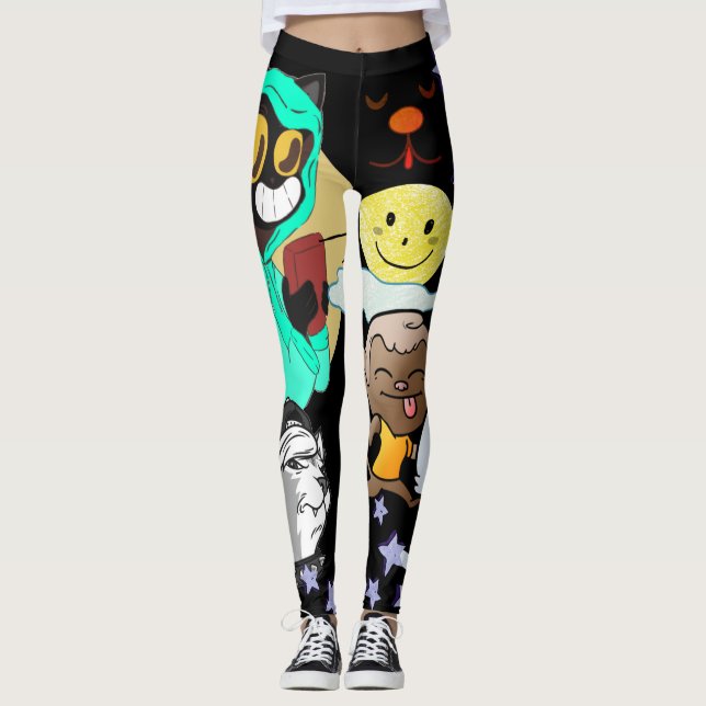 Funny  cartoons black yellow green stars  leggings (Front)