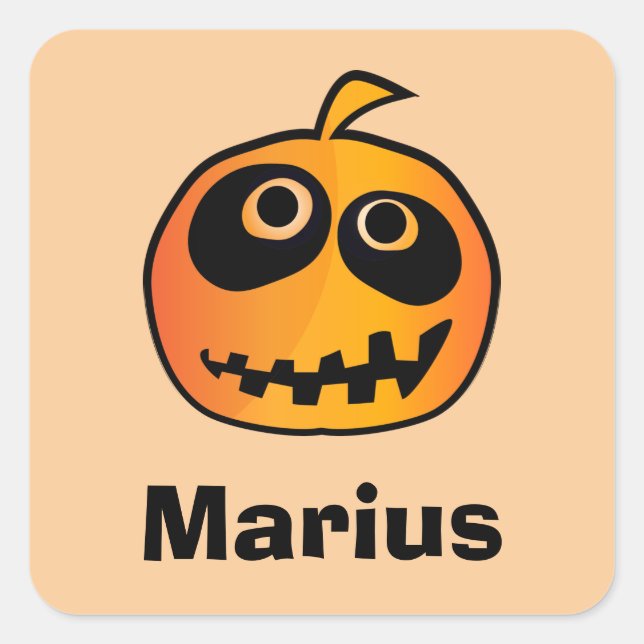 Funny Carved Orange Halloween Pumpkin Face Name Square Sticker (Front)