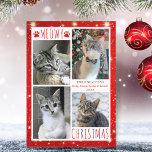 Funny Cat 4 Photo Collage MEOWY CHRISTMAS Red Holiday Card<br><div class="desc">Funny cat photo holiday greeting card featuring 4 pictures with the greeting MEOWY CHRISTMAS (or your custom greeting) in modern hand-lettered typography accented with cat paw prints against a white and red background with lights and stars. ASSISTANCE: For help with design modification or personalisation, colour change, resizing, transferring the design...</div>