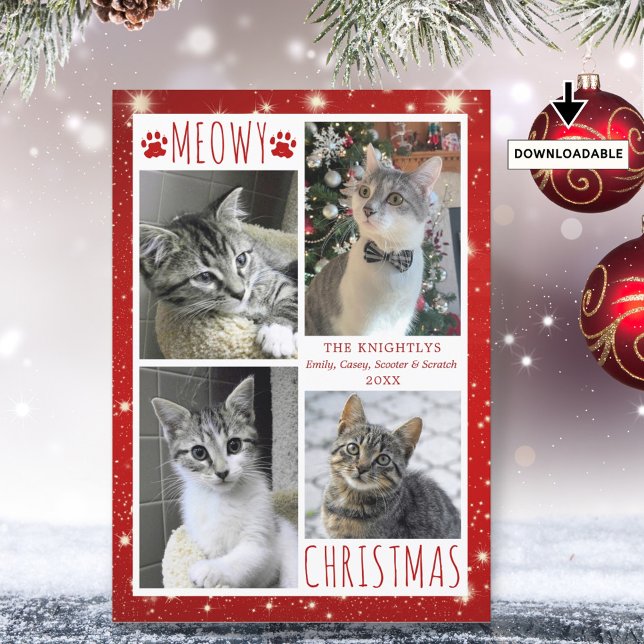 Funny Cat 4 Photo Collage MEOWY CHRISTMAS Red Holiday Card (Creator Uploaded)