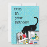 Funny Cat 9 Lives Personalised Birthday  Card<br><div class="desc">It's your birthday! Go ahead, act like it's the first of your nine lives. A wicked black cat gets the fridge open goes for the dream, I mean cream.  Turquoise tiles and detailed refrigerator content add to the charm and humour of this card. Your cat lover friends will absolutely get...</div>