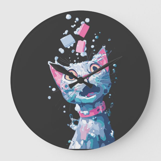 Funny Cat Afraid of Water – Cute Bath Time Cat T-S Large Clock (Front)