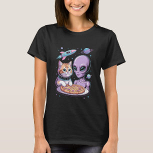 Funny Cat and Alien Sharing Pizza Space UFO for Me T-Shirt