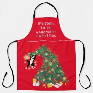 Funny Cat and Christmas Tree Personalized Red  Apron