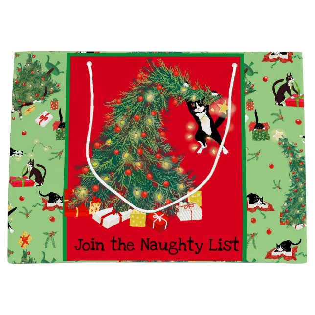 Funny Cat and Christmas Tree Trouble Custom Green Large Gift Bag (Front)
