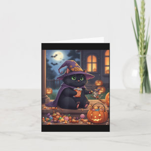 Funny Cat And Cute Mouse Halloween Pumpkin Black Card
