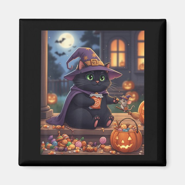 Funny Cat And Cute Mouse Halloween Pumpkin Black Magnet (Front)