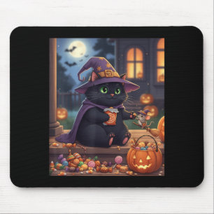 Funny Cat And Cute Mouse Halloween Pumpkin Black Pad