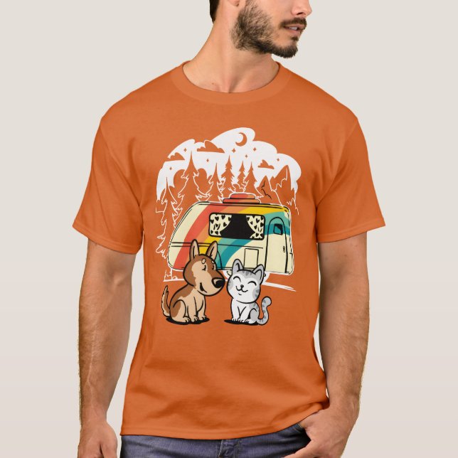 Funny Cat and Dog Camping with Friends Caravan fri T-Shirt (Front)