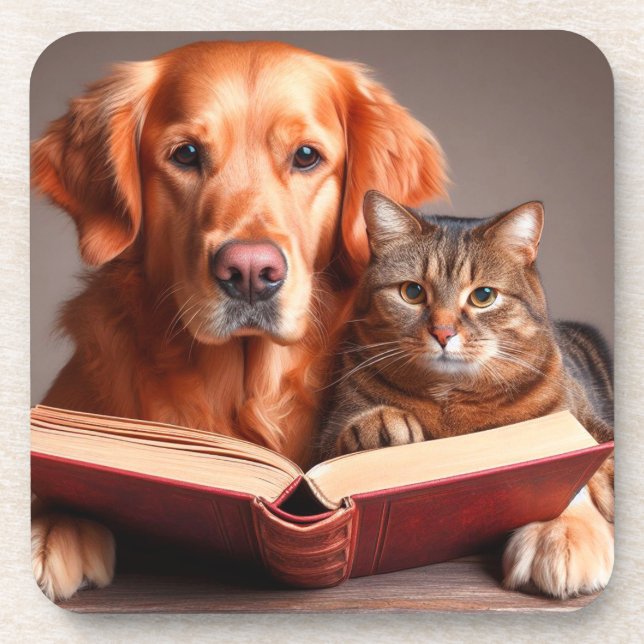 funny cat and dog reading a book coaster (Front)