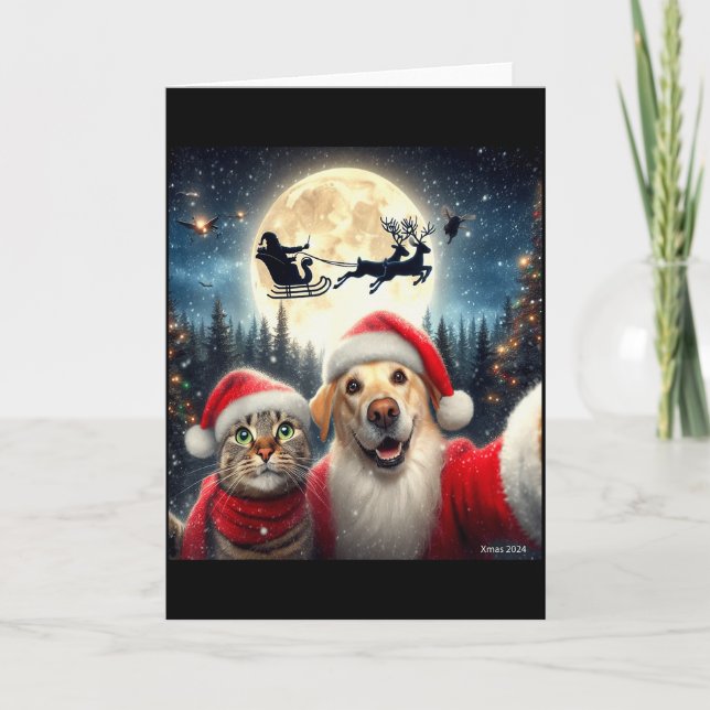 Funny Cat And Dog Selfie With Santa Claus Christma Card (Front)