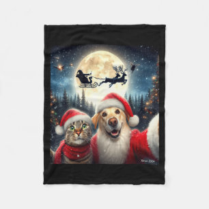 Funny Cat And Dog Selfie With Santa Claus Christma Fleece Blanket