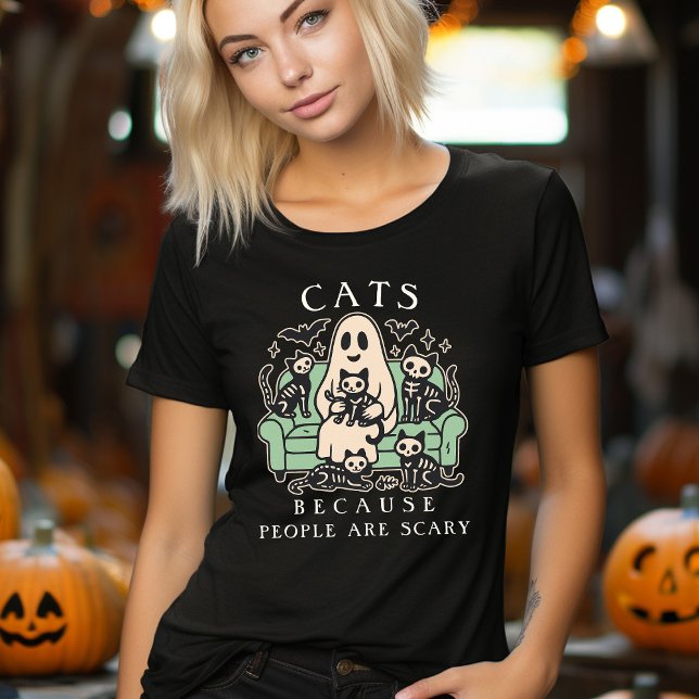 Funny Cat and Ghost Halloween  Tri-Blend Shirt (Cats Because People Are Scary Funny Halloween T-shirt)