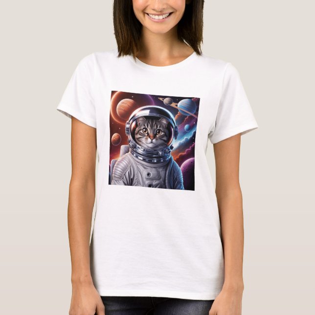 Funny Cat Astronaut In Space T-Shirt (Front)