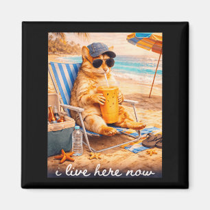 Funny Cat Beach I Live Here Now Magnet