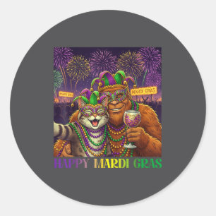 Funny Cat Bigfoot Selfie Mardi Gras Carnival Party Classic Round Sticker