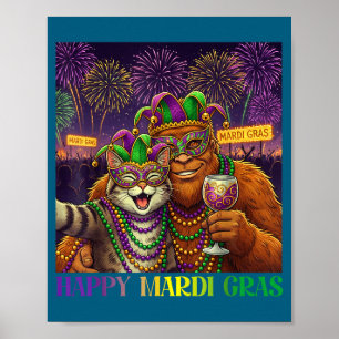 Funny Cat Bigfoot Selfie Mardi Gras Carnival Party Poster