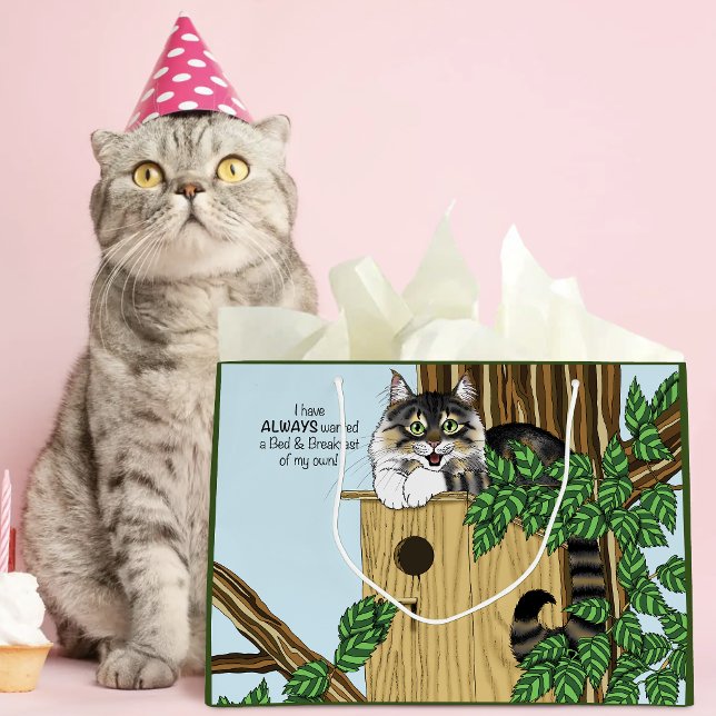 Funny Cat Birdhouse Bed & Breakfast Whimsical Large Gift Bag (Creator Uploaded)