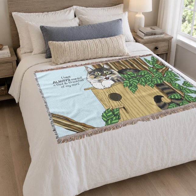 Funny Cat Birdhouse Bed & Breakfast Whimsical Throw Blanket (Creator Uploaded)