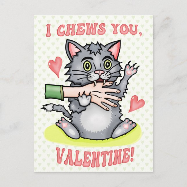 Funny Cat Biting Hand I Chews You Valentine's Day Postcard (Front)