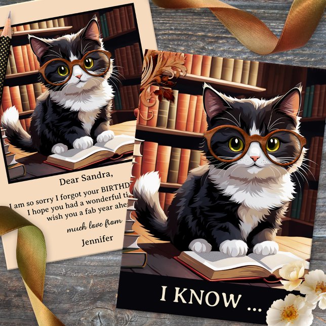 Funny Cat Books Belated Birthday  Card (Belated Birthday card featuring a cute kitty with glasses in a library or room with lots of books. )