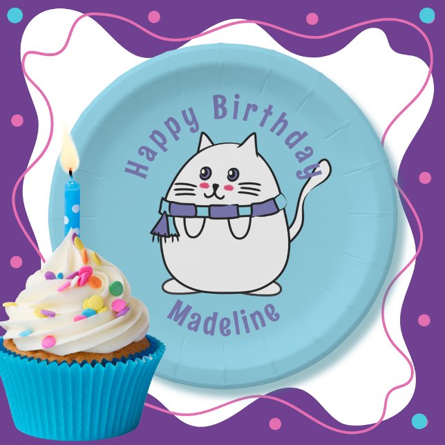 Funny Cat Cartoon Blue White Personalised Birthday Paper Plate (Creator Uploaded)