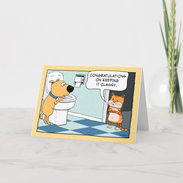 Funny Cat Catching Dog Drinking at Toilet Birthday Card (Front)