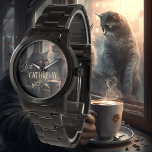 Funny Cat Caturday Coffee<br><div class="desc">Artistic watch featuring a painting of a grumpy cat having a coffee. Add your own funny or other texts.</div>