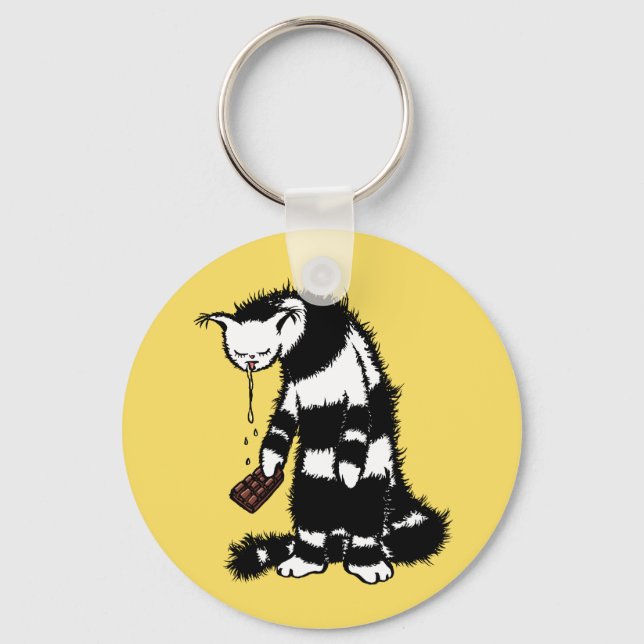Funny Cat Chocolate Lover - Ink Drawn Drooling Cat Key Ring (Front)