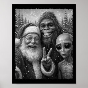 Funny Cat Christmas Bigfoot Alien Santa Snow Selfi Poster