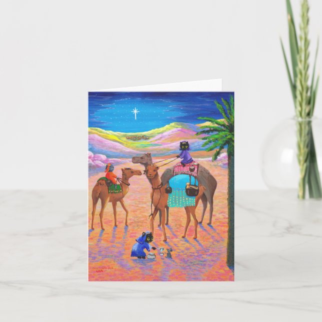 Funny Cat Christmas Camel Wise Men Creationarts Holiday Card (Front)