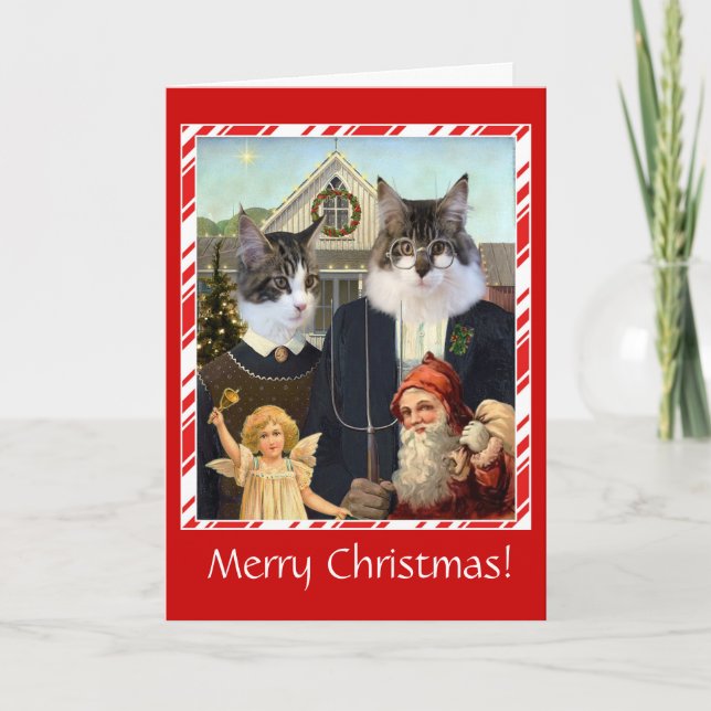 Funny cat Christmas card American Gothic spoof (Front)