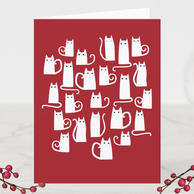 Funny Cat Christmas Holiday Card (Red and white cat fun holiday card)