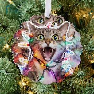 Funny Cat Christmas Lights Paper Tree Decoration Card
