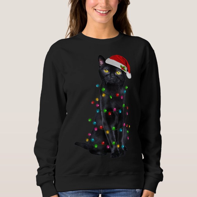 Funny Cat Christmas Lights Santa Hat Black Cat Xma Sweatshirt (Front)