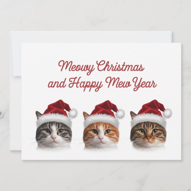 Funny cat christmas meow wearing christmas hat  holiday card (Front)