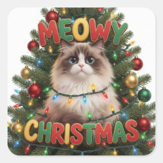 Funny Cat Christmas Ornament Holiday Cheer Square Sticker