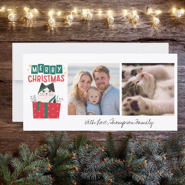 Funny Cat Christmas Tree 2 Photo Meowy Custom  Holiday Card (Creator Uploaded)