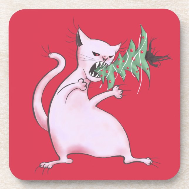 Funny Cat Christmas Tree Eater Holiday Coaster (Front)