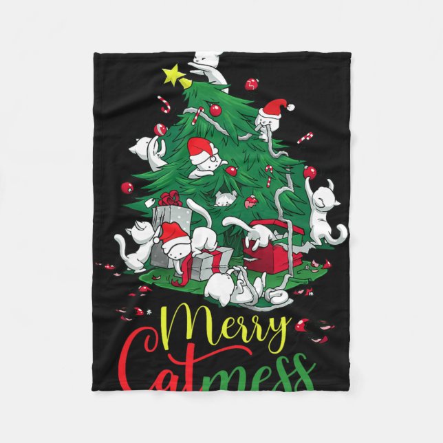 Funny Cat Christmas Tree Merry Catmess Cats Lover  Fleece Blanket (Front)